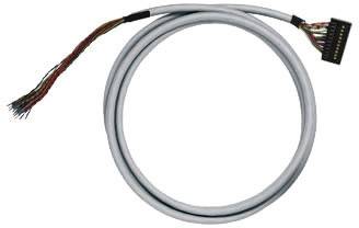 Graues Kabel mit offen liegenden, farblich codierten Drähten an einem Ende und einem Stecker am anderen Ende, vor weißem Hintergrund.