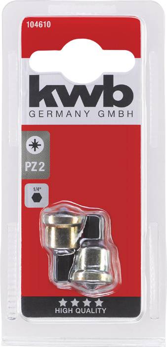 Verpackung von KWB Germany GmbH mit zwei Metall-Bits. Aufdruck: 'PZ2', '1/4''', 'HIGH QUALITY', mit drei Sternen und Nummer 104610.