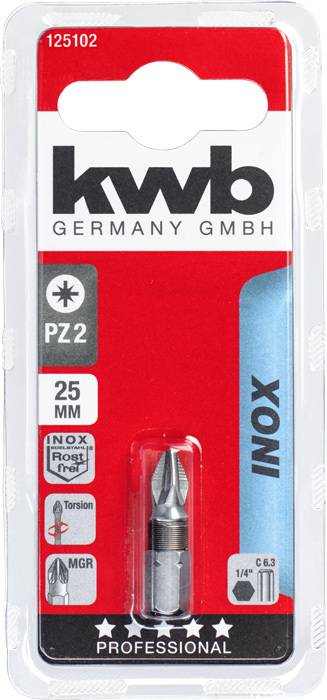 Schraubendreher-Bit PZ2, 25 mm, kwb Germany GmbH, rostfrei, Torsionszone, für professionelle Nutzung.