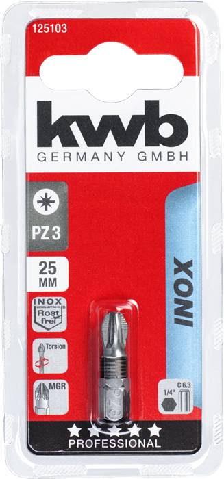 KWB Germany GmbH PZ3-Schrauberbit, 25 mm, Edelstahl, rostfrei, Torsion, geeignet für 1/4 Zoll Werkzeuge.