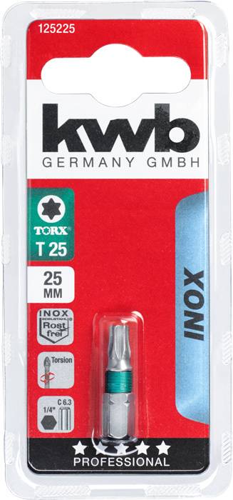 Darstellung einer KWB Torx T25 Schraubendreherspitze, 25 mm, inox, rostfrei, in einer professionellen Verpackung.