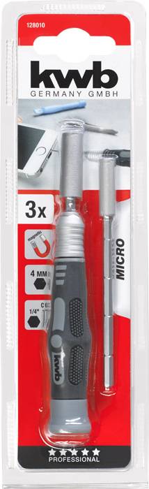 Micro-Schraubendreher-Set mit gummiertem Griff, magnetischer Spitze, Torx-Kopf, 3 Austauschbits, geeignet für präzise Arbeiten.