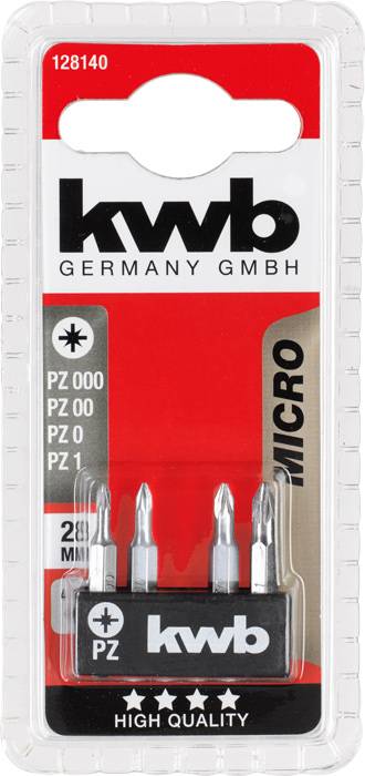 Verpackung mit fünf Schraubendreherbits von kwb Germany GmbH, Größen PZ 000 bis PZ 1, mit Text 'MICRO', '28 mm', 'HIGH QUALITY'.