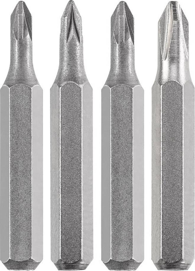 Vier Metall-Schraubendrehereinsätze in einer Reihe, zwei mit Kreuz- und zwei mit Schlitzkopf.