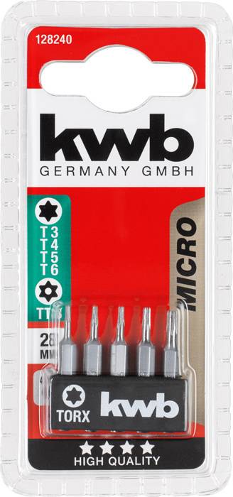 Satz von fünf Torx-Bits der Marke KWB, unterschiedlicher Größe, in einer transparenten Verpackung mit rotem Hintergrund.