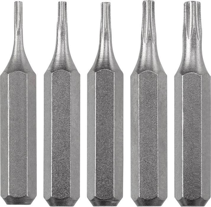 Fünf silberne, sechskantige Schraubendreher-Bits in einer Reihe, jeweils mit unterschiedlichen Spitzen für verschiedene Schraubentypen.