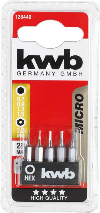 'Kwb Germany GmbH' Hexagon-Bitset in durchsichtiger Verpackung. Enthält sechs Bits mit verschiedenen Größen, von 0,7 bis 3 mm.