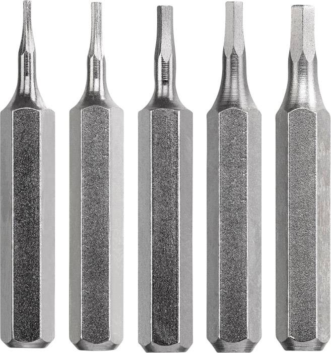 Fünf verschiedene Schraubendreher-Bits mit sechseckigen Schäften, aufrecht nebeneinanderstehend, variieren in Größe und Form der Klingen.