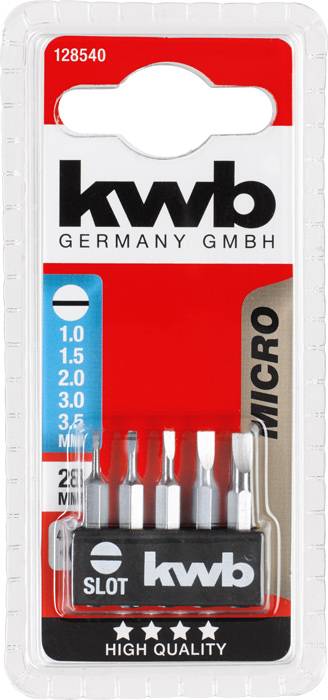 Sechs Micro-Schraubendreher-Bits in einer Kunststoffverpackung, darunter verschiedene Größen von Schlitzköpfen, Marke 'kwb'.