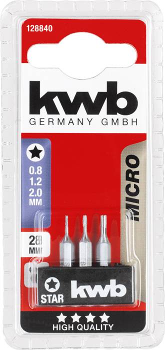 'kwb Germany GMBH MicroStar 4er Bit-Set' in Verpackung, enthält 0.8, 1.2 und 2.0 mm Bits.