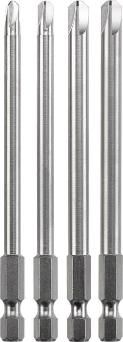 Vier metallene Bohrer mit sechskantigem Schaft, nebeneinander aufgereiht. Sie haben eine glänzende, silberne Oberfläche.