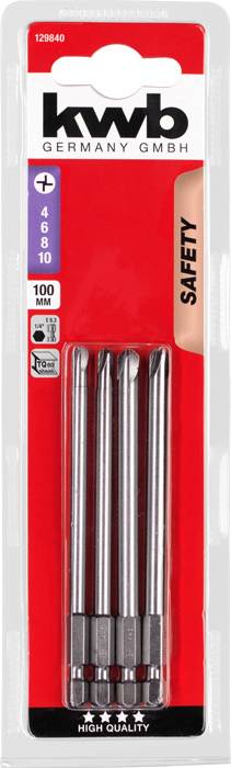 Verpackung mit vier Schraubenziehereinsätzen in verschiedenen Größen (4, 6, 8, 10) von 'kwb Germany GmbH', Serie 'SAFETY'.