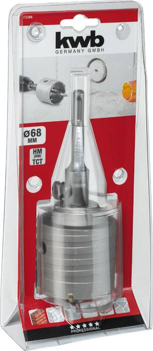 Bohrkrone im Verpackungsetui mit der Aufschrift 'kwb Germany GmbH', geeignet für Diamant-, Beton- und Steinbohren, Durchmesser: 68 mm.