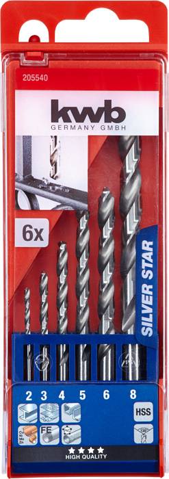 Ein Satz von sechs Metallbohrern unterschiedlicher Größe, verpackt in einer transparenten Kunststoffbox. Markenname 'kwb' sichtbar.
