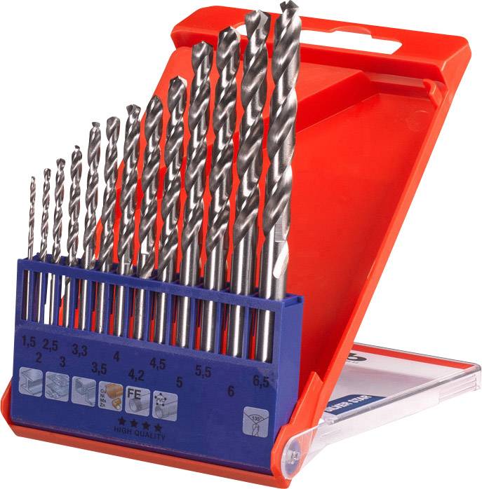 Metallbohrer-Set in einer roten Kunststoffbox, verschiedene Größen von 1,5 bis 6,5 mm. Box zeigt Größenangaben und Anwendungssymbole.