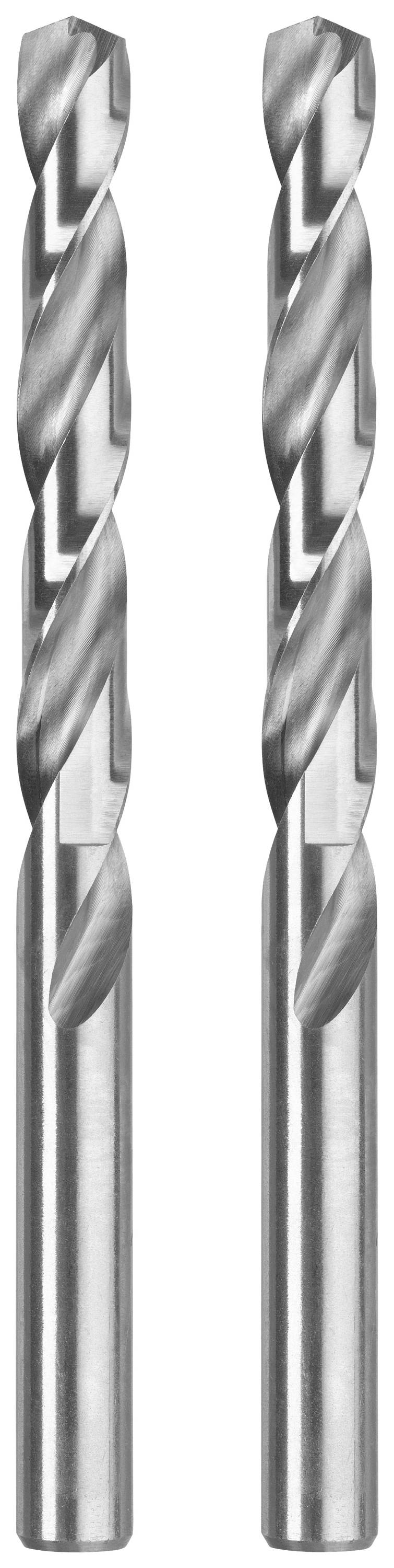 Zwei silberne Spiralbohrer, vertikal angeordnet, für Metallbearbeitung.