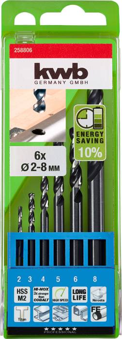 Ein Set aus sechs Metallbohrern, Durchmesser von 2 bis 8 mm. Mit HSS M2-Spitze, energieeffizient. Verpackung mit grünen und blauen Akzenten.