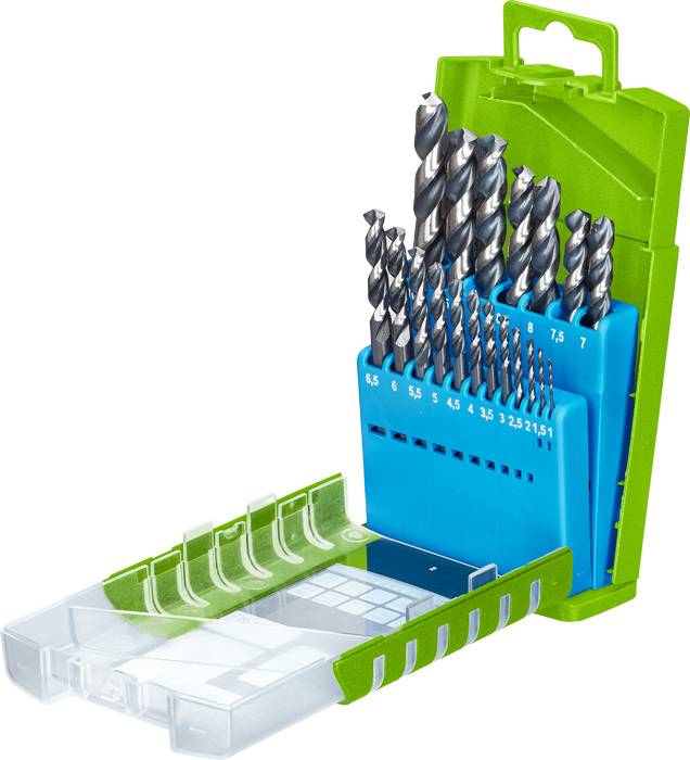 Ein grünes, offenes Etui mit einem Set Bohrer verschiedener Größen, sicher in blauen Halterungen angeordnet, von 3 bis 8 mm.