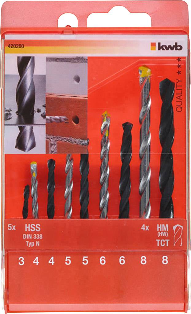 Verpackung mit acht verschiedenen Spiralbohrern für Metall und Beton, markiert als HSS und HM. Herstellername oben rechts.