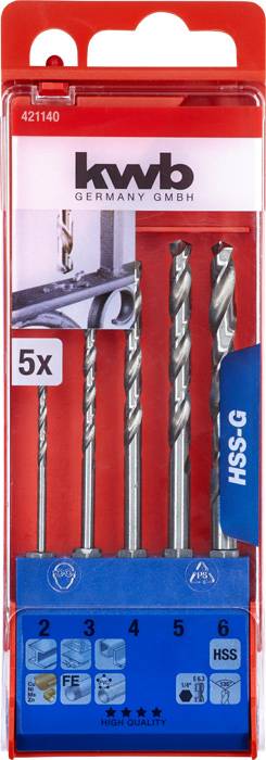 Kwb 421140 HSS Metall-Spiralbohrer-Set 5teilig 2 mm, 3 mm, 4 mm, 5 mm, 6mm DIN 1412 C 1/4" (6.3 mm) 1St.