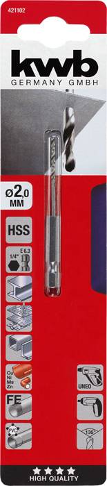 'kwb HSS Bohrer' verpackt, geeignet für Metall, Kunststoff und Holz, Durchmesser 2 mm. Verpackung zeigt Anwendungsbeispiele und Piktogramme für verschiedene Materialien.