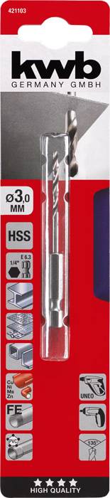 Bohrer in Kunststoffverpackung, Marke 'kwb Germany', Durchmesser 3,0 mm, geeignet für Metall, als langlebig und hochwertig bezeichnet.