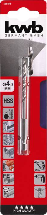 'kwb GERMANY GmbH' 4.0 mm HSS Bohrer für Metall, Holz, Kunststoff. Verpackung zeigt Werkzeuge und Anwendungen. Hochwertig.