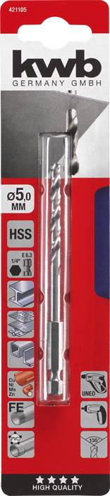 'kwb GERMANY GMBH' Metallbohrer, 5,0 mm, HSS, für Metall, Holz und Kunststoff. Verpackung mit Produktsymbolen und Herstellerlogo.