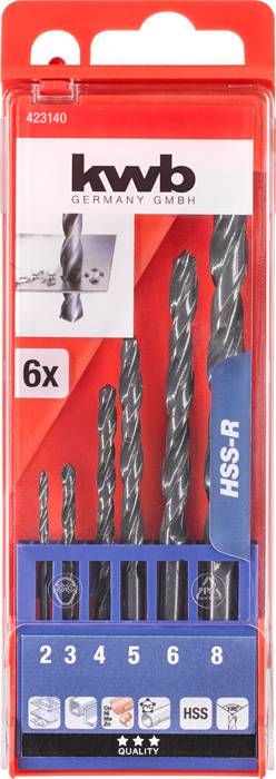 Verpackung eines Bohrer-Sets von 'kwb GERMANY GMBH', enthält 6 HSS-R-Bohrer in verschiedenen Größen von 2 bis 8 mm.