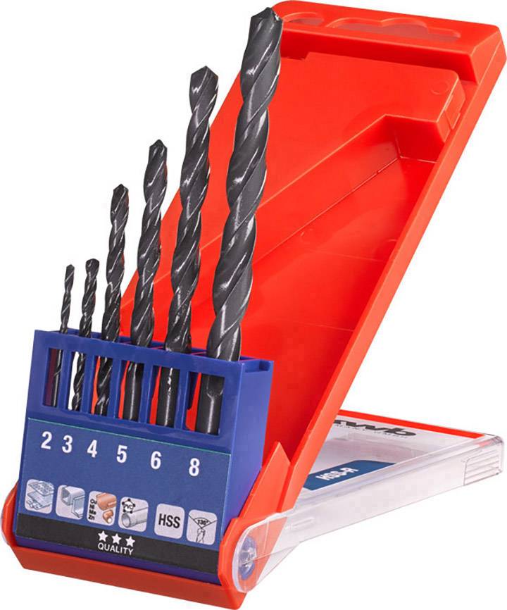 Ein Satz Bohrer mit fünf verschiedenen Größen von 2 bis 8 mm in einer roten Kunststoffbox.