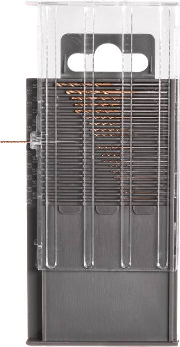 Ein transparenter Kunststoffbehälter mit vertikalen Schlitzen hält Haarspangen geordnet und sichtbar.