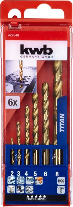 Verpackung mit sechs titanbeschichteten Spiralbohrern in verschiedenen Größen, geeignet für Metallarbeiten. Markierung 'kwb Germany'.