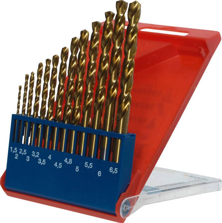 Ein Set von Metallbohrern in verschiedenen Größen von 1,5 bis 6,5 mm in einem blauen Halter mit roter Abdeckung.