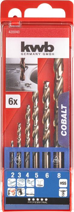 'Kwb Germany GmbH' Bohrer-Set aus Kobalt für Metall. Sechsteilig, Größen 2, 3, 4, 5, 6, 8 mm. Verpackung zeigt Bohrer und Markierungen.