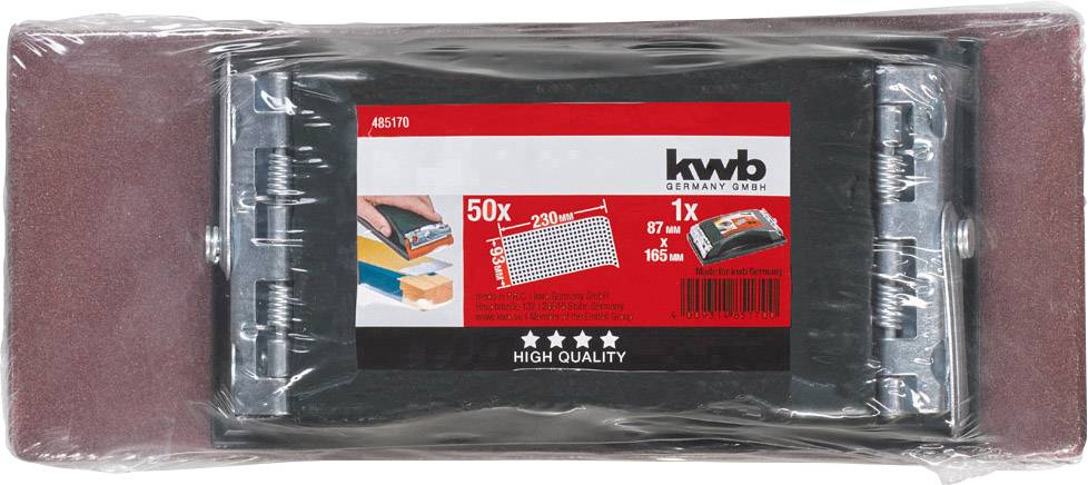 Schleifklotz-Set mit 50 Schleifblättern (87 mm x 165 mm) von KWB Germany GmbH, abgebildet in Originalverpackung.