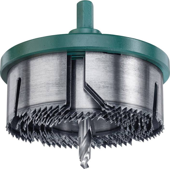 Bohrkrone mit mehreren Klingen, geeignet zum Bohren großer Löcher in Holz oder Metall. Die Klingen sind in einem runden Gehäuse.