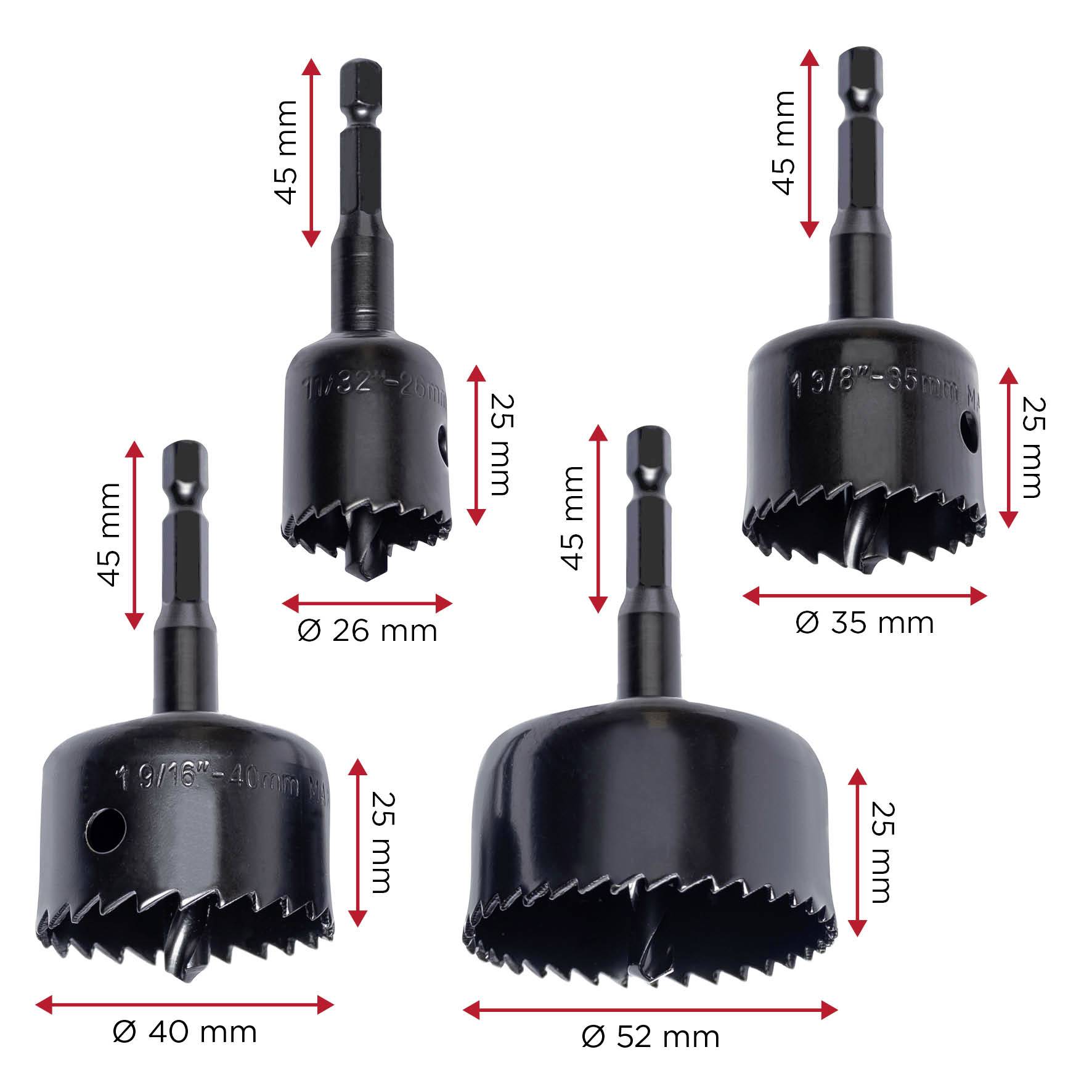Fünf Lochsägen mit verschiedenen Durchmessern (26 mm, 35 mm, 40 mm, 52 mm) und Längen (25 mm, 45 mm) werden gezeigt.