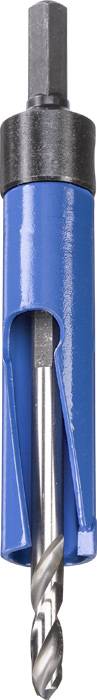 Ein blauer Stufenbohrer mit schwarzem Sechskantaufsatz und spiralförmiger Spitze, verwendet zum Bohren in Metall oder Kunststoff.