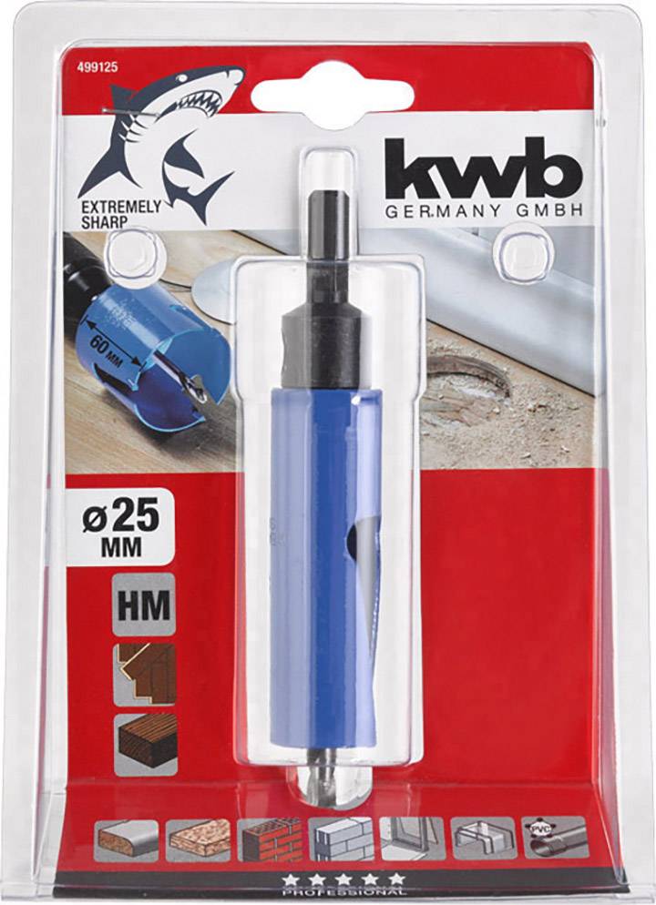 Blaues Sägeblatt in Verpackung von 'kwb Germany GmbH', Durchmesser 25 mm, für Materialien wie Holz, Fliesen, Gipskarton geeignet.