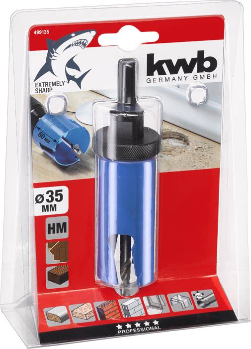 'Kwb' Lochsäge mit 35 mm Durchmesser, geeignet für Holz, Gipskarton und weiche Materialien. Verpackung zeigt Produktemerkmale.