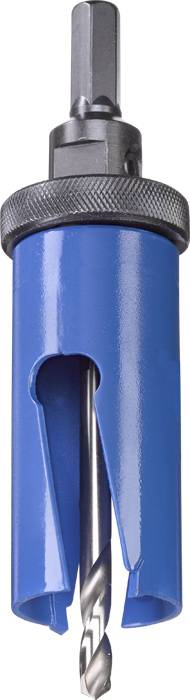 Blauer Lochschneider mit integriertem Bohrer zum Erstellen von Löchern in Materialien wie Metall oder Holz.