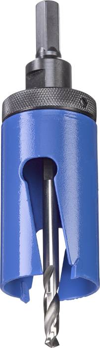 Ein blauer Kreisschneider mit schwarzem Metallbohrer und Griff, geeignet für Bohren von großen Löchern in Holz oder anderen Materialien.