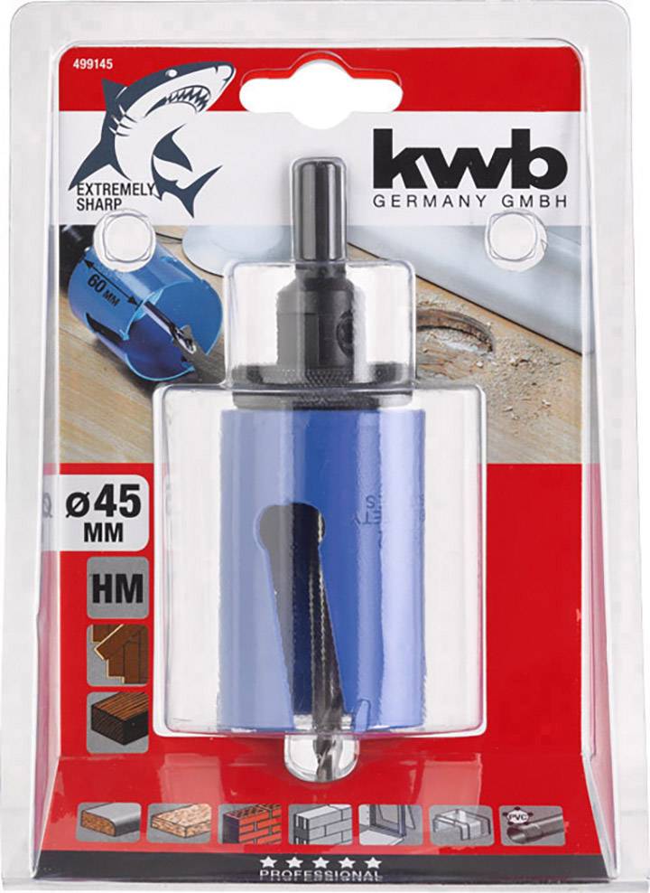Blauer Lochsägeaufsatz der Marke kwb, verpackt. Aufschrift: 'HM Profi'. Geeignet für Holz, Kunststoff und Mauerwerk. ø 45 mm.