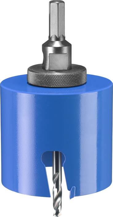 Blauer Lochsägebohrer mit silbernem Sechskantschaft und Bohrkrone, geeignet zum Bohren großer Löcher in verschiedenen Materialien.