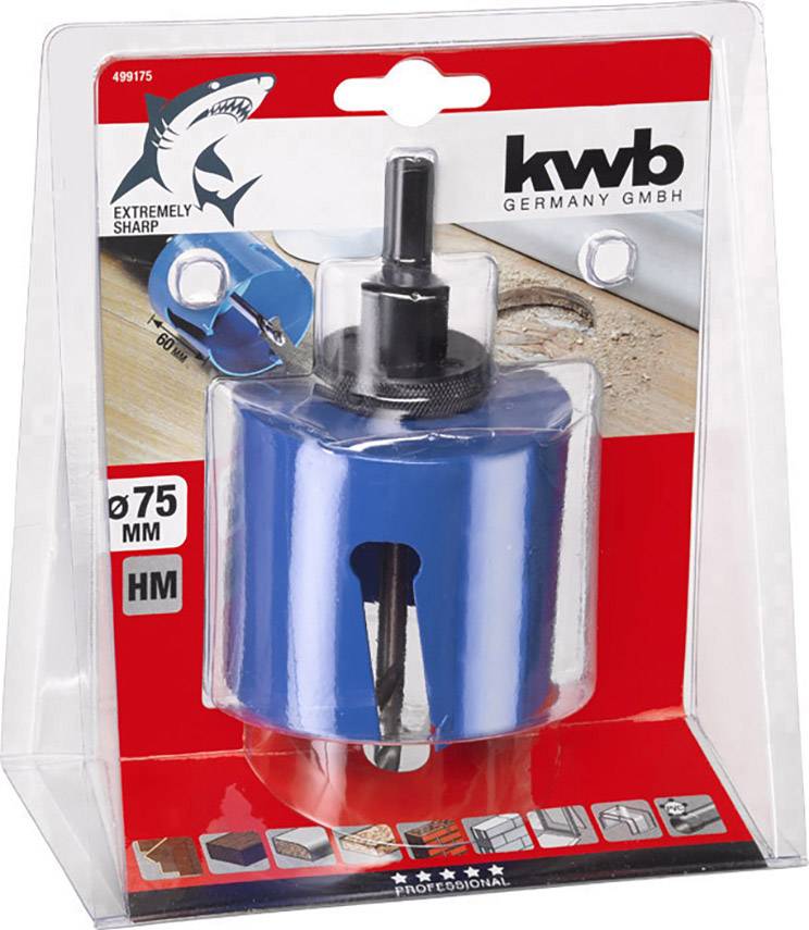 Blauer Kreisschneider von 'kwb germany gmbh' im Blisterverpackung. Text: 'extremely sharp', Ø75mm, HM, mit Illustrationen von Anwendungen.