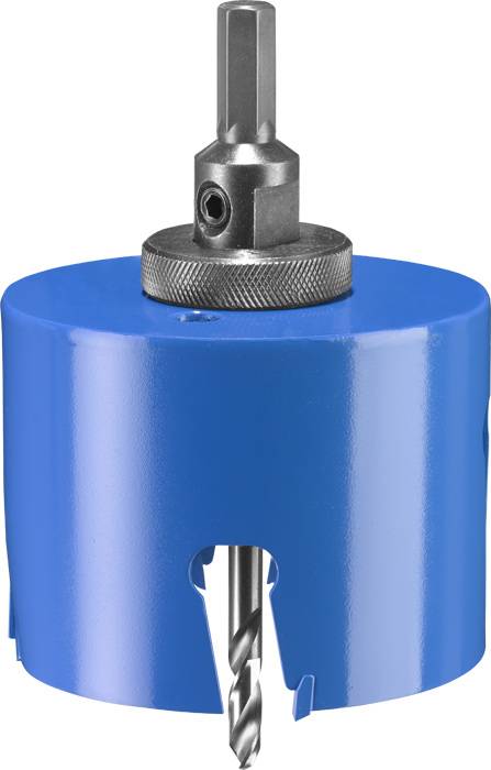 Ein blauer Lochsägeaufsatz mit eingesetztem Bohrer und Metallhalterung, geeignet für präzises Bohren großer Löcher in Materialien.