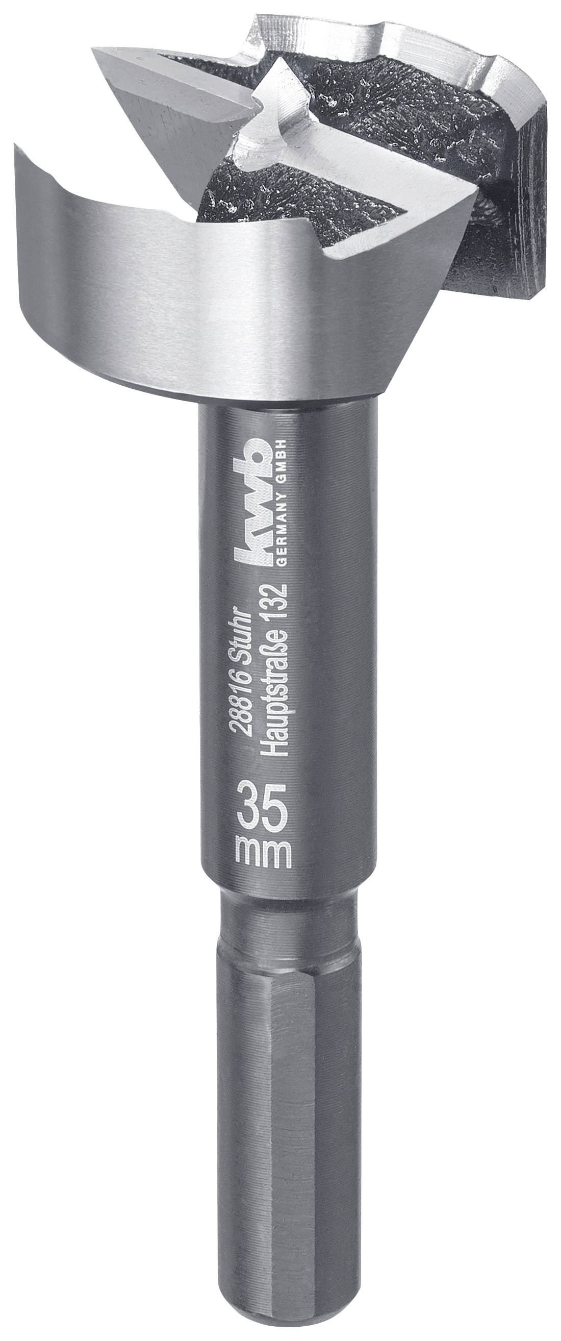 Ein silberner Bohrer mit schwarzer Spitze für Holzarbeiten. Der Bohrer hat ein 32 mm Durchmesser und zeigt das Logo einer Marke.