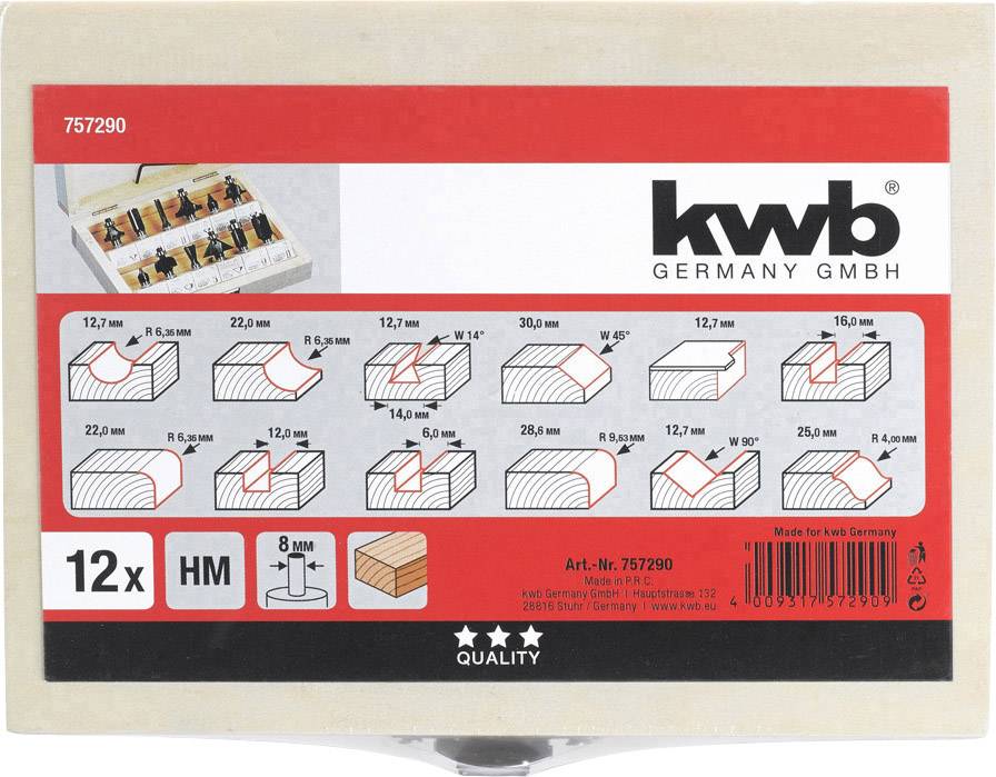 'kwb GERMANY GMBH' Verpackung mit Abbildungen von 12 Fräsköpfen, Angaben zu Durchmessern und Profilen, und Hinweis auf hohe Qualität.