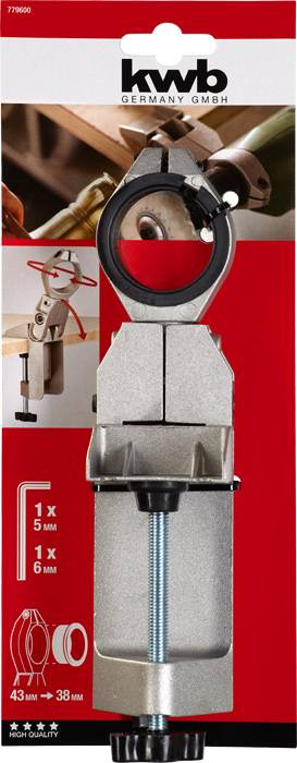 Winkelspanner und Rundspanner von KWB auf roter Verpackung. Enthält einen 5 mm und 6 mm Spannadapter. Abbildung der Anwendung.