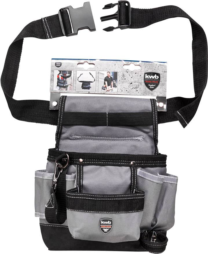 Werkzeugtasche mit Gürtelschlaufe, zwei großen Taschen und mehreren kleineren Fächern für Werkzeuge, in Schwarz und Grau.